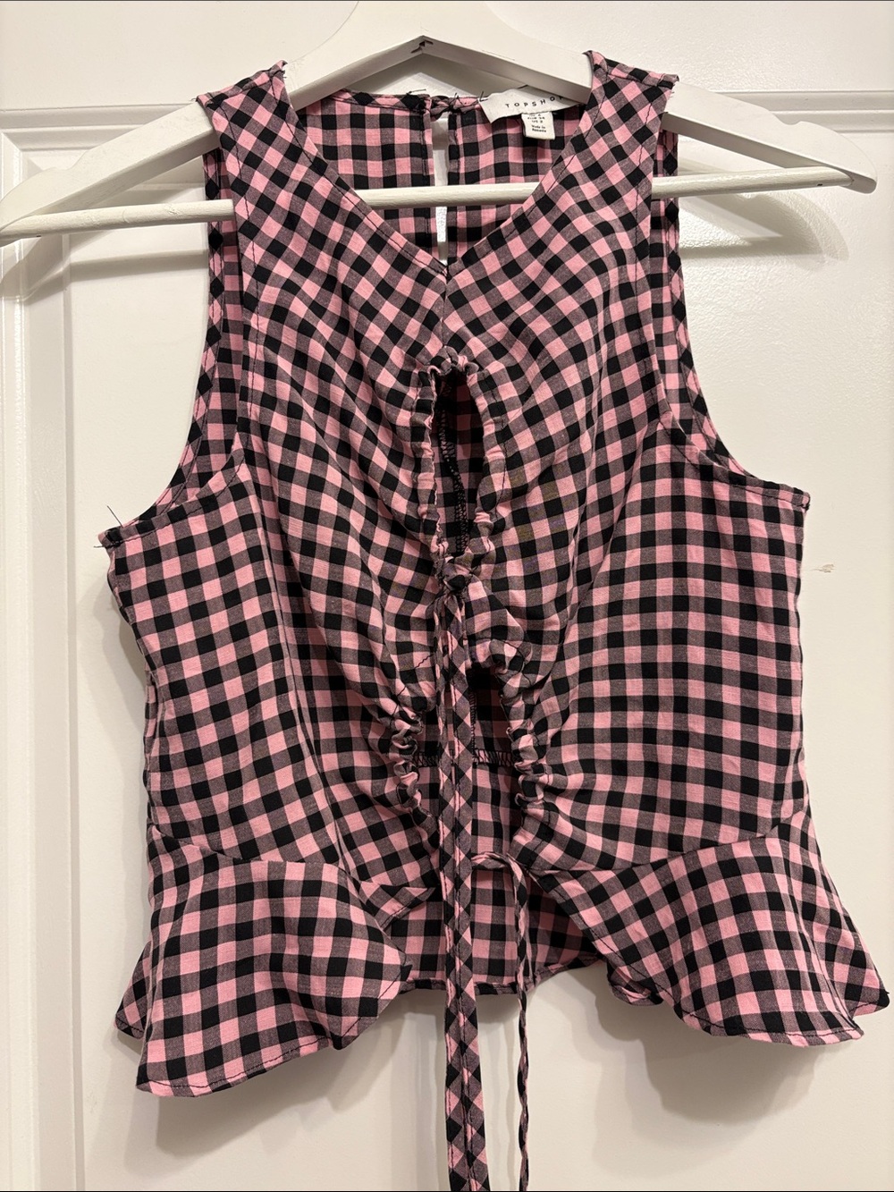 Pink and Black Gingham Ruffle Tie-Front Sleeveless Top